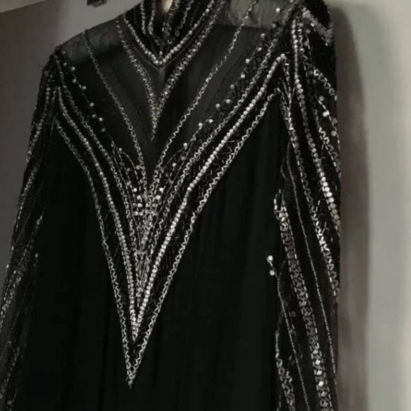 Bob Mackie Art Deco Gown Mandarin Neck Black Sheer Mesh, Deep V Plunge Beaded, - Picture 10 of 12